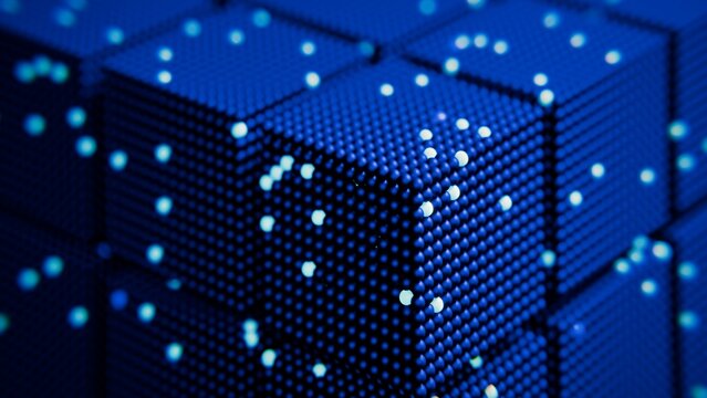 Cubes of spheres in blue with several activated as lights in different colors. Shallow depth of field. Neural activity, memory blocks, data center, blockchain, quantum computing, simulation concept.