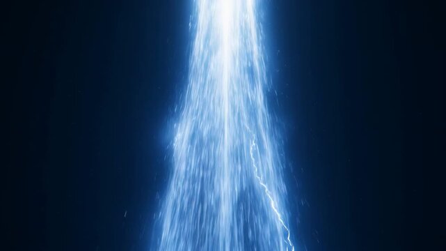 Spectacular display of radiant blue energy cascading downwards in a dark void