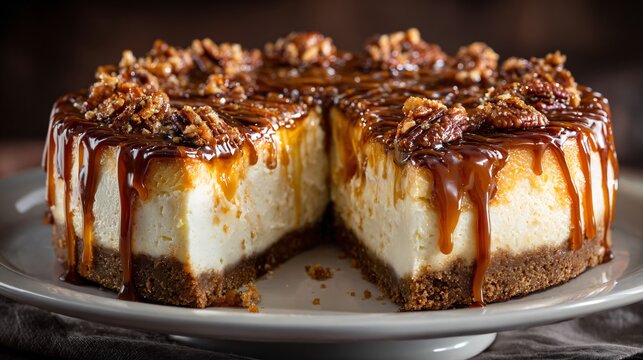 A layered butter pecan cheesecake with visible caramel ribbons inside the filling