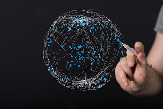 Visual representation of global network with digital connections and hand using pen. Network, data, connection, technolo