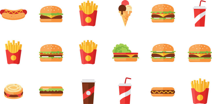 Fast Food Collection with Burgers, Fries, Ice Cream, Hot Dogs, and Drinks, Ideal for Restaurant, Snack, and Street Food Designs
