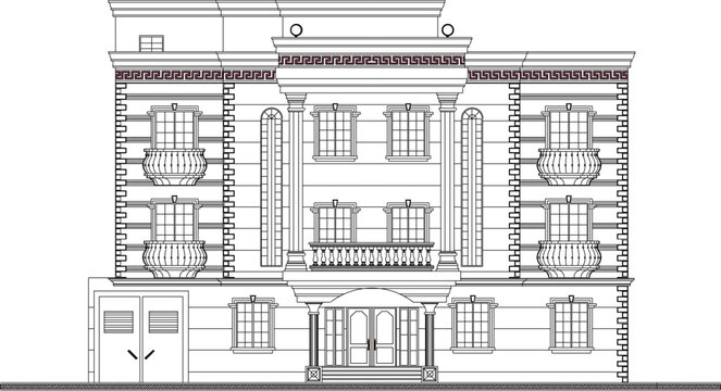Elegant Old Architecture Elevation Featuring Classic Building Window Treatments and Vintage Grand Entryway Archways for Construction Documentation
