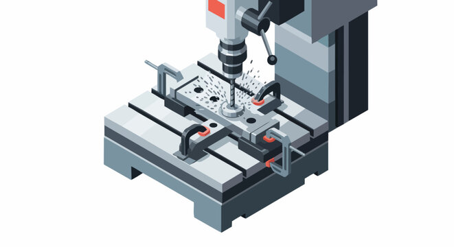 Isometric Industrial Drill Press Machine Drilling Metal Part on Workbench, Heavy Duty Vertical Drilling Equipment for Manufacturing and Engineering Workshop