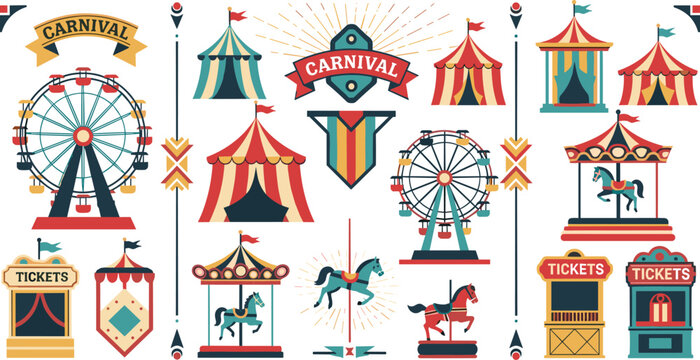 Carnival amusement park collection with circus tents ferris wheel carousel and fair elements, colorful vintage festival vector set isolated on white background
