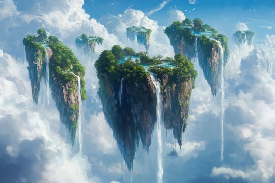 Towering floating pillars with skyward waterfalls, sunlit faces and adventurous mood high detail fantasy scene built for exploration lore, showing rope bridges, sheer cliffs, trekking paths