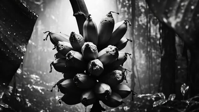 Black and white close-up of a bunch of bananas in a tropical forest with dramatic lighting and foliage
