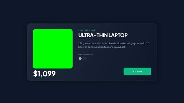 Futuristic Laptop Product Specification UI Card Graphic with Green Screen Placeholder Isolated on Dark Background Cinematic High Tech E-commerce Interface Asset