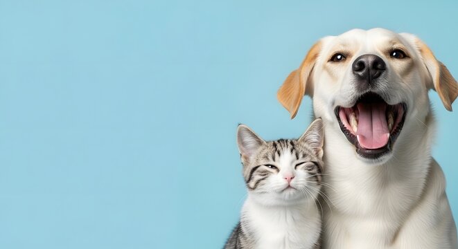 This joyful portrait shows a laughing dog and kitten with closed eyes on a blue background. An ideal summer-themed banner representing the bond between happy pets and their owners