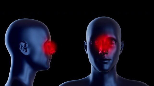 3D medical animation featuring both front and side profile views of human head with glowing red area on nose and sinuses. Visualization is ideal for representing nasal congestion, sinus pressure