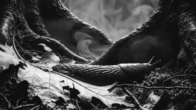 Black and white slow-motion shot of a slug crawling through a damp forest environment with fog and tree roots