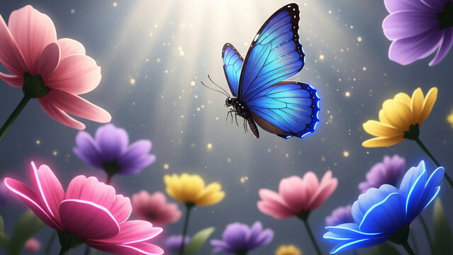 Magical Blue Butterfly Hovering Over Vibrant Wildflowers in Sunlight