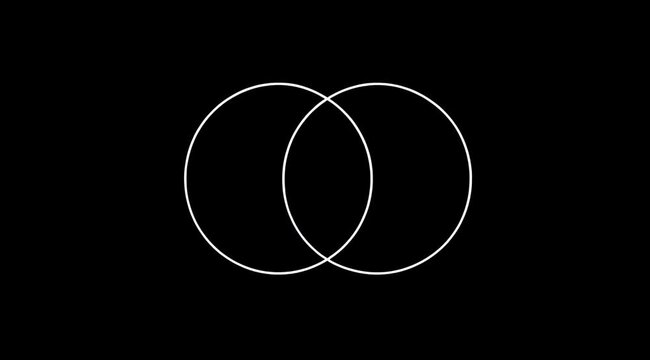 Abstract animation of two white circles merging on a black background.