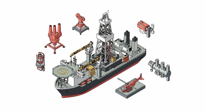 Isometric Offshore Drillship and Subsea Equipment for Oil and Gas Exploration Vessel
