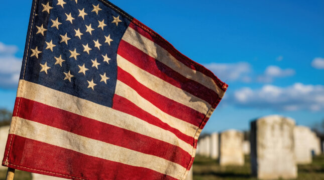 American flag waving in cemetery on memorial day with clear blue sky and gravestones in background