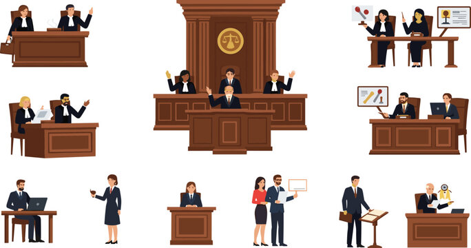 Set of Courtroom Legal Scenes with Lawyers, Judges, and Legal Professionals Engaged in Court Hearings, Presentations, and Case Investigations