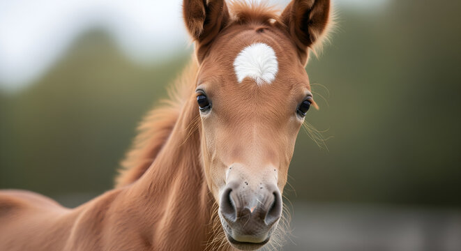 Extreme close up portrait of a young foal with white spot