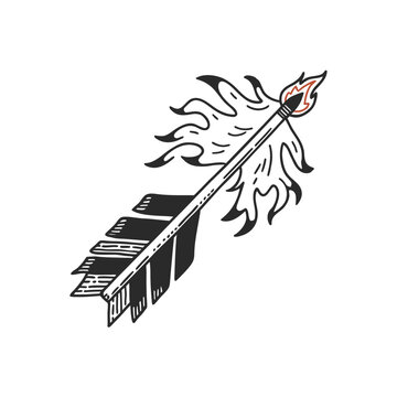 Hand-drawn vector illustration of a flaming arrow with fire trailing behind, depicting speed and power, isolated on a white background in a doodle style.