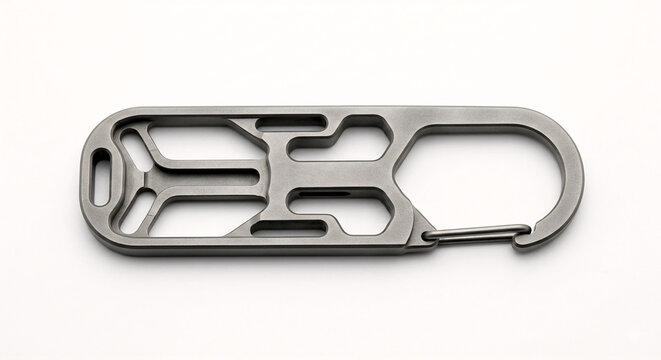Minimalist skeletonized titanium carabiner key organizer with a sandblasted grey finish, isolated flat-lay on white.