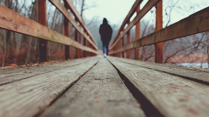 Obraz premium person crossing wooden bridge with blured nature background