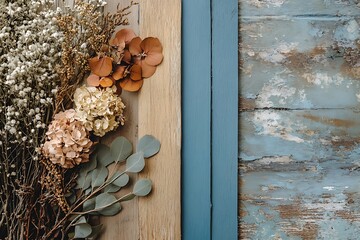 Fototapeta premium A bouquet of dried flowers rests against a wooden plank with a blue painted frame on a rustic weathered background