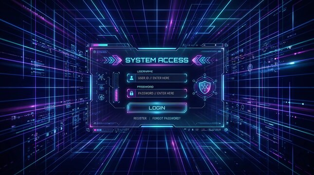 Futuristic digital login interface in a neon cyber grid environment