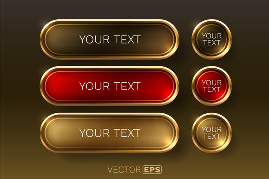 Premium glossy metallic buttons and badges with golden frames.