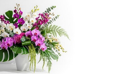 Obraz premium Vibrant floral arrangement with pink white and purple orchids green leaves in white vase on white background mother's day background wallpaper poster banner download 2026 2027