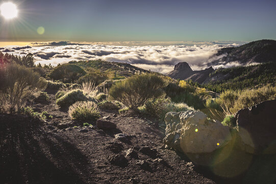 Dramatic Tenerife Landscape with High Mountains Rising Above Clouds and Rugged Volcanic Scenery in Teide National Park.