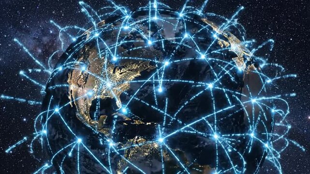 Global network connections around the Earth.