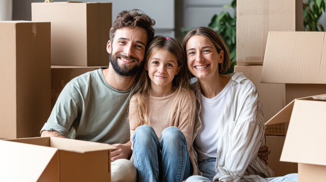 A happy family of three smiles together while sitting among cardboard boxes, suggesting a move or new home.