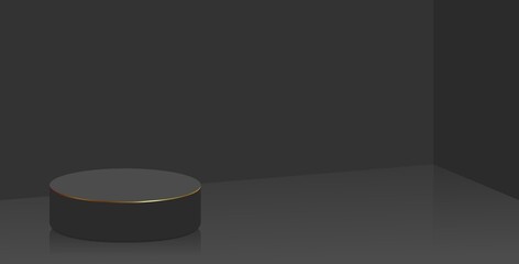 Black round podium is decorated with thin gold rim and stands on smooth floor in black room. Empty plain background 3d.