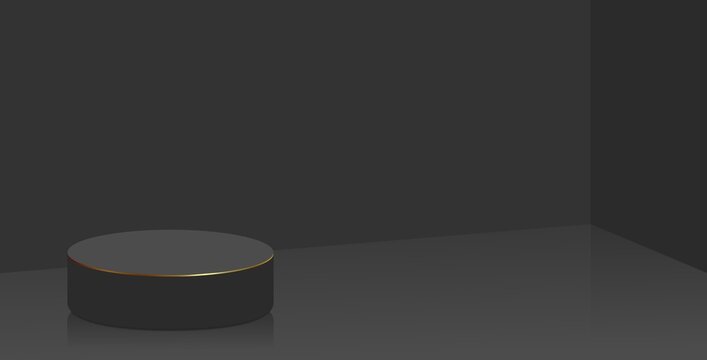Black round podium is decorated with thin gold rim and stands on smooth floor in black room. Empty plain background 3d.