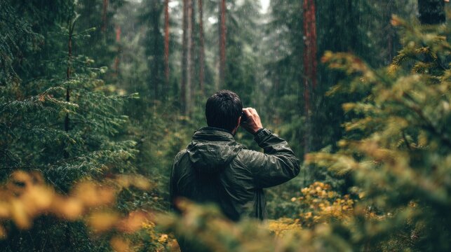 man observing forest wildlife with blured nature background