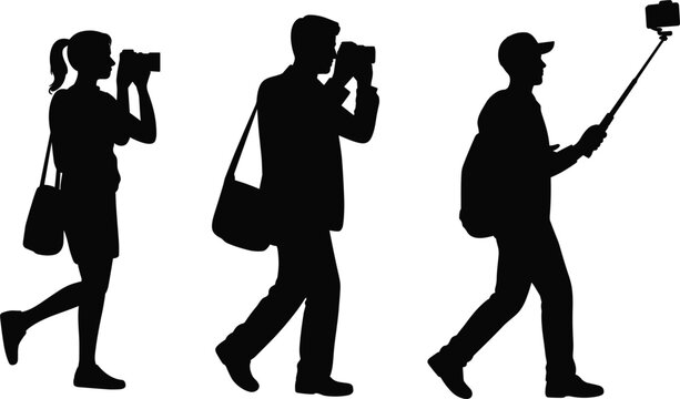Photographer silhouettes collection, people taking photos and selfie vector illustration isolated black creative lifestyle design