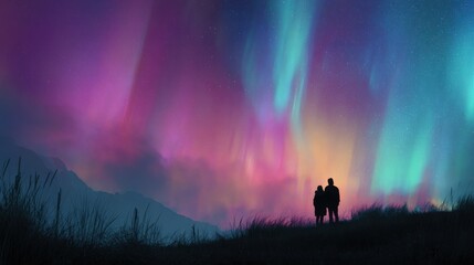 Fototapeta premium couple watching northern lights with blured nature background