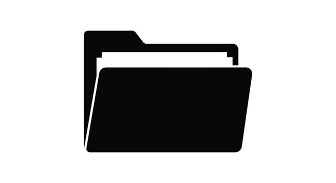 A stark black silhouette of an open folder containing papers representing data and organization silhouette high quality professional