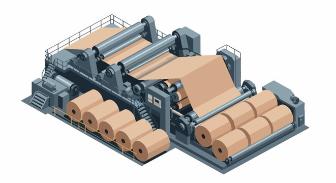Industrial Paper Mill Machine for Cardboard Production - Isometric 3D Illustration of Factory Manufacturing Process