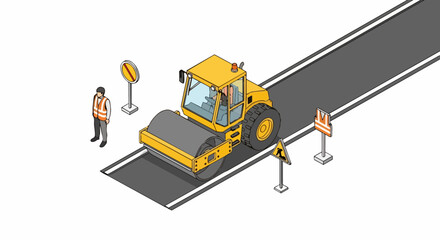 Obraz premium Isometric Road Construction Illustration with Yellow Steamroller, Worker, and Safety Signs on Asphalt Paving Site