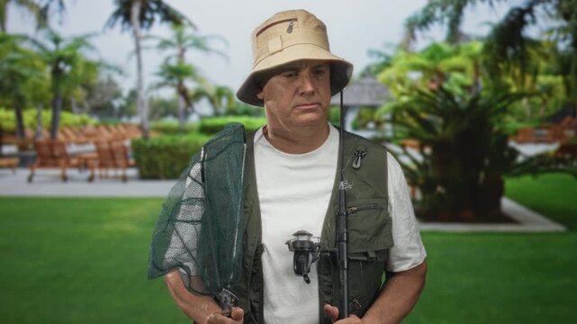 Man wearing bucket hat holds fishing net and rod while wearing a fishing vest, standing on a resort garden lawn with palm trees and lounge chairs; serenity patience solitude.