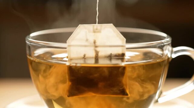 A clear glass mug holding a hot, golden-brown tea, with a tea bag inside. Steam rises