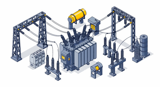 Isometric Industrial Electrical Substation with High Voltage Transformer and Power Grid Infrastructure Illustration
