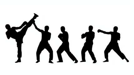 Fototapeta premium Martial arts silhouettes, kickboxing poses, fighting stances, combat sports icons, athletic movements