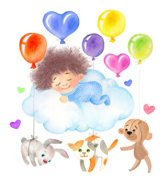 Watercolor little boy sleeping on cloud with balloons and cute animals, fantasy baby dream illustration.