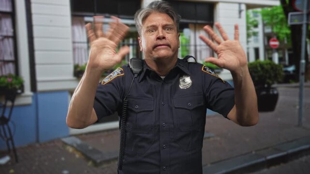 Police officer man raises hands in a shrug gesture, badge and radio visible on a street storefront, palms up and puzzled expression; confusion.