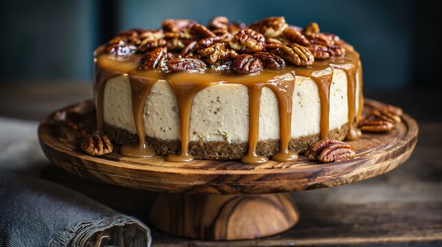 A perfectly smooth and creamy butter pecan cheesecake crowned with glossy caramelized pecans and rich butter caramel glaze, presented on a rustic wooden cake stand