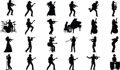 Musicians silhouette collection, band performers playing guitar, violin, piano, drums and trumpet isolated on white background set © Humayra