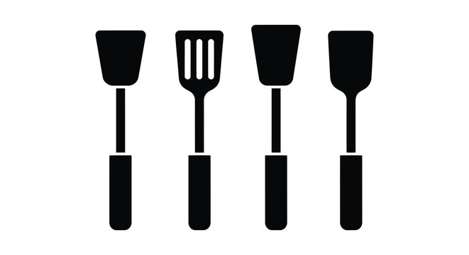 A collection of four black kitchen spatulas and turners displayed in a stark graphic silhouette high quality professional