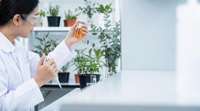 Laboratory Scientist Analyzing Eucalyptus Oil Sample in Clear Vial