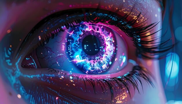 Futuristic Cybernetic Eye with Glowing Digital Neon Iris