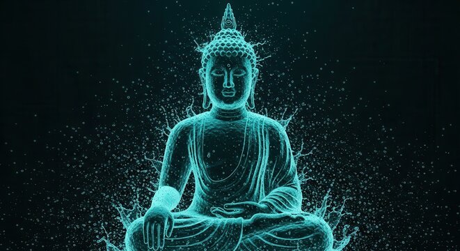 Glowing digital silhouette of a meditating figure radiates energy against a dark background.